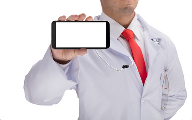 Doctor holding a phone in his hand. blank screen. on white background