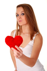 woman and artificial red heart