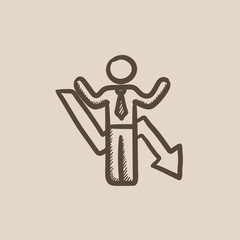 Businessman with arrow down sketch icon.
