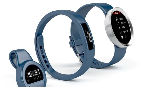 Different types of fitness trackers on white background