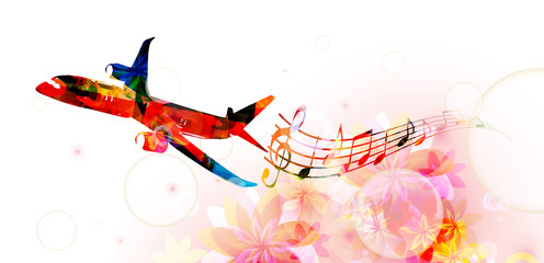 Vector illustration of colorful airplane with music notes