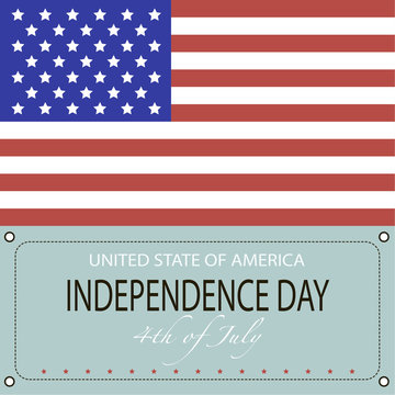 Image of the American flag and the phrases Independence Day,4th of July and United States of America on the blue background.