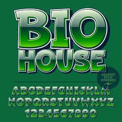 Fototapeta premium Glossy set of alphabet letters, numbers and punctuation symbols. Reflective vector icon with text Bio House