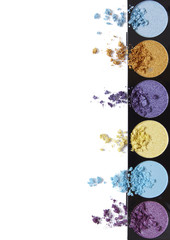 Broken eyeshadow make up palette isolated on a white background forming a page border