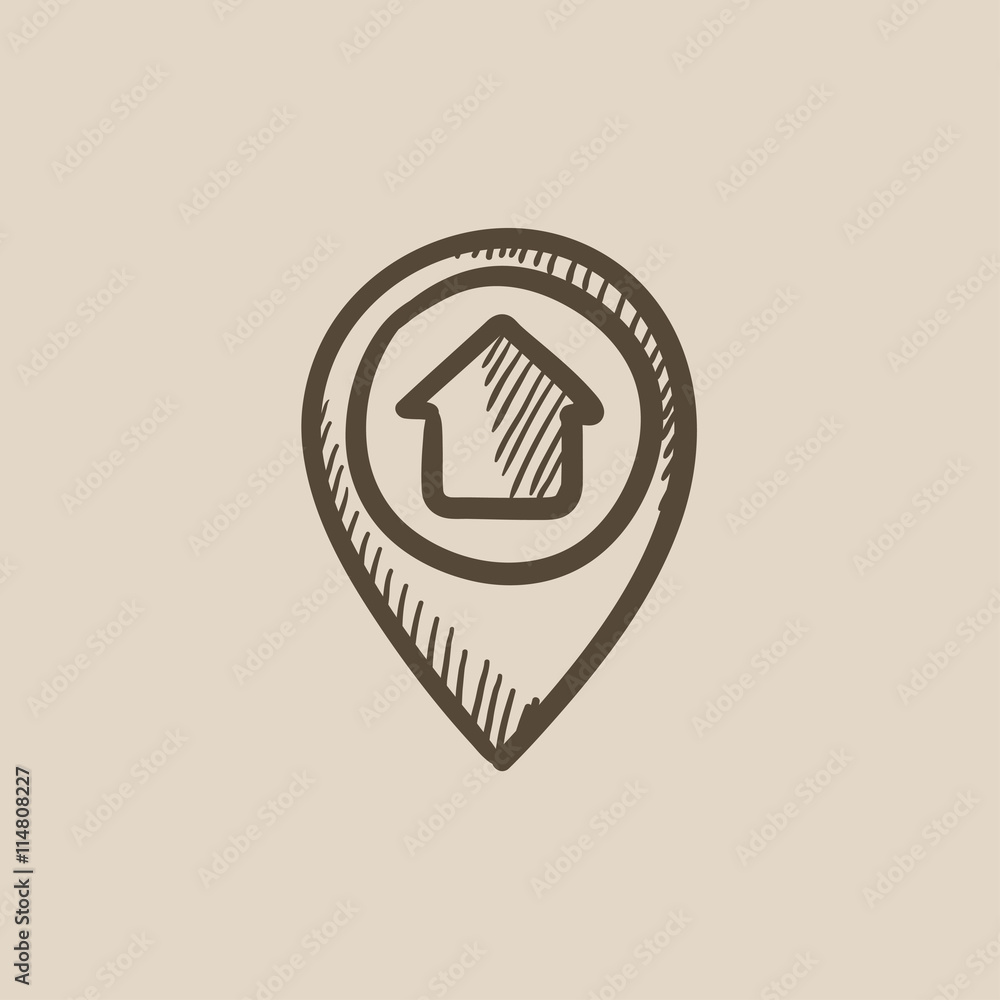 Poster pointer with house inside sketch icon.