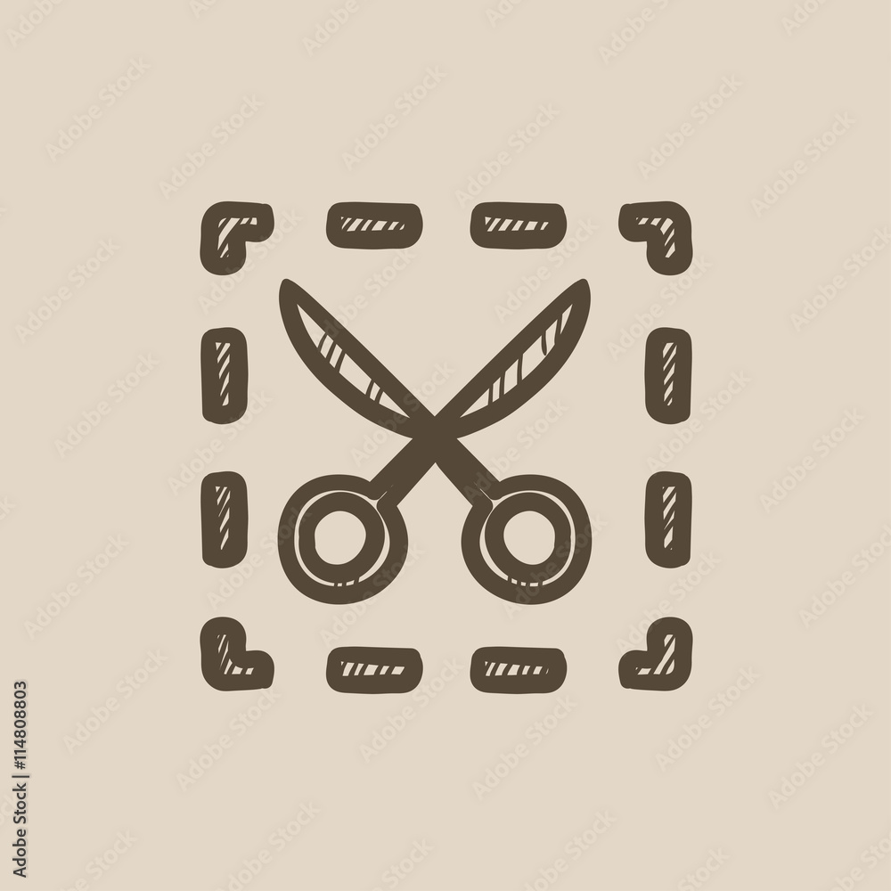 Poster scissors with dotted lines sketch icon.