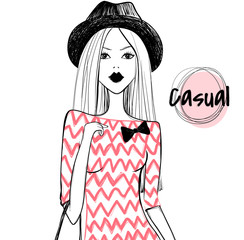 Cute Vector Fashion. Sketch girl. Hipster girl. Fashion lifestyl