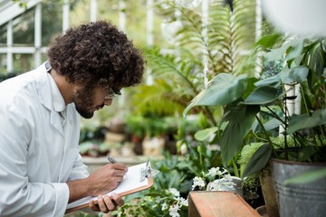 Male scientist writing in clipboard while examining plants
