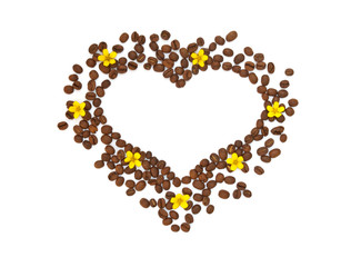 Isolated heart of the grain with yellow flowers on white background