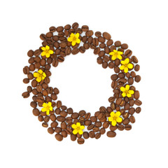 Isolated circle of the grain with yellow flowers on white background