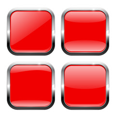 Red square buttons with reflection, with chrome frame