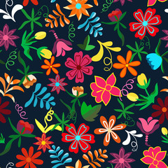 Seamless floral background.Colorful flowers and leafs on dark bl