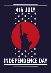 US Independence Day. 4th of July. Statue of Liberty in the background of the moon (the circle). Vector Image. Poster, banner, print.