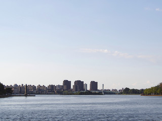 Panoramic view of New York with Wards Island Bridge and Blackwell lighthouse