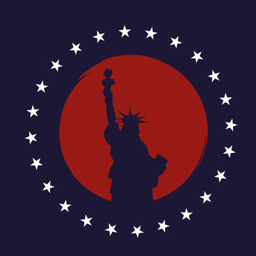 Statue of Liberty in the background of red moon (the circle). Vector Image. Poster, banner, print.