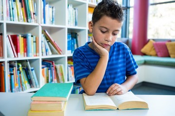 Elementary boy reading book in school library