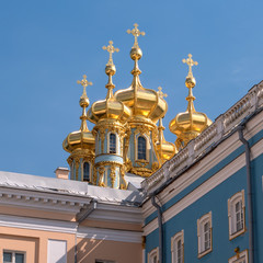 Fototapeta na wymiar Golden domes of the Church in the Catherine Palace. Tsarskoye Selo, Russia