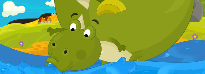 Cartoon illustration - green dragon drinking the water near the cave - illustration for children