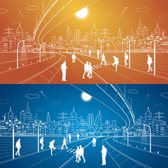 Neon city, people cross the road, white lines town, vector design art