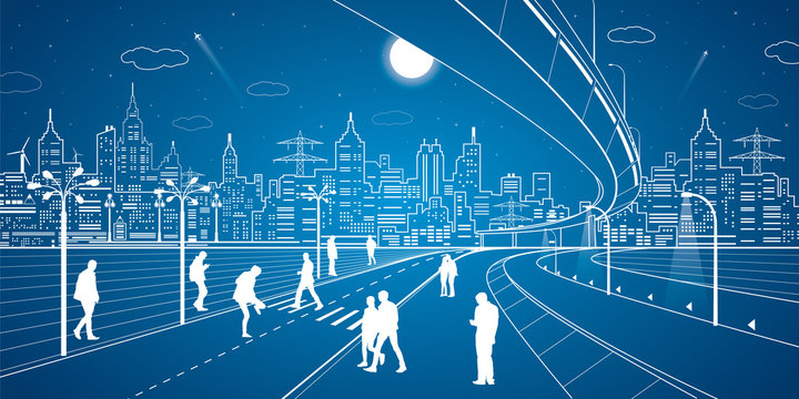 Neon city, people cross the road, white lines town, vector design art