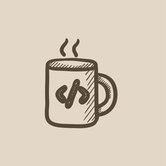 Cup of coffee with code sign sketch icon.