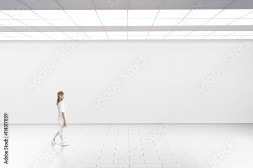 Empty Big Hall Wall Mockup Woman Walk In Museum Gallery With Blank Wall White Clear Stand Mock Up Lobby Display Artwork Presentation Art Design Empty Floor Expo Studio Wall In Loft Corridor