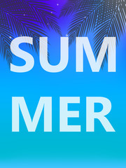 Summer poster. Summer vector illustration with sun, palm trees, beach and blue sky.