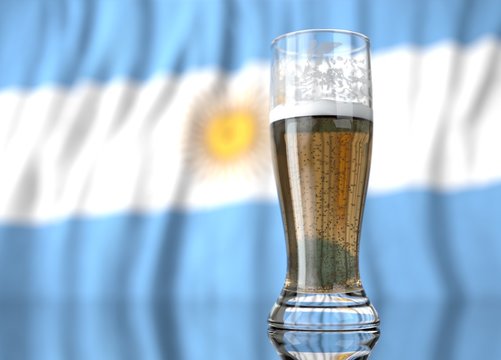 a glass of beer in front a Argentine flag. 3D illustration rendering