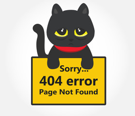 Sorry 404 error page not found message holding by a sad cute black cat vector.