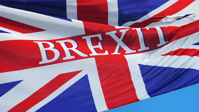 Great Britain Brexit flag waving in slow motion against blue sky, seamlessly looped, close up, isolated on alpha channel with black and white matte, perfect for film, news, digital composition
