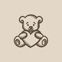 Teddy bear with heart sketch icon.