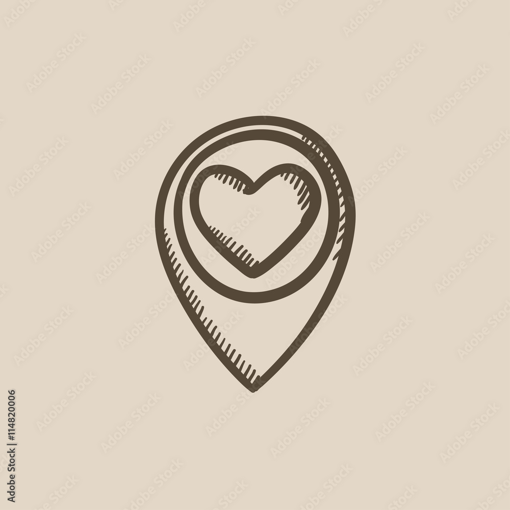 Poster map pointer with heart sketch icon.