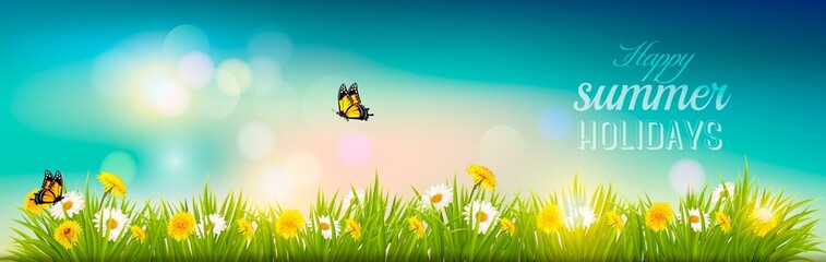 Naklejka premium Happy summer holidays banner with flowers, grass and butterflies