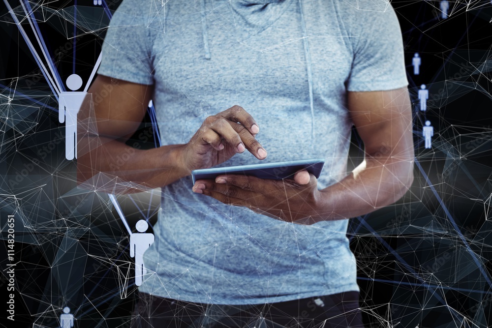 Poster composite image of mid section of man using tablet