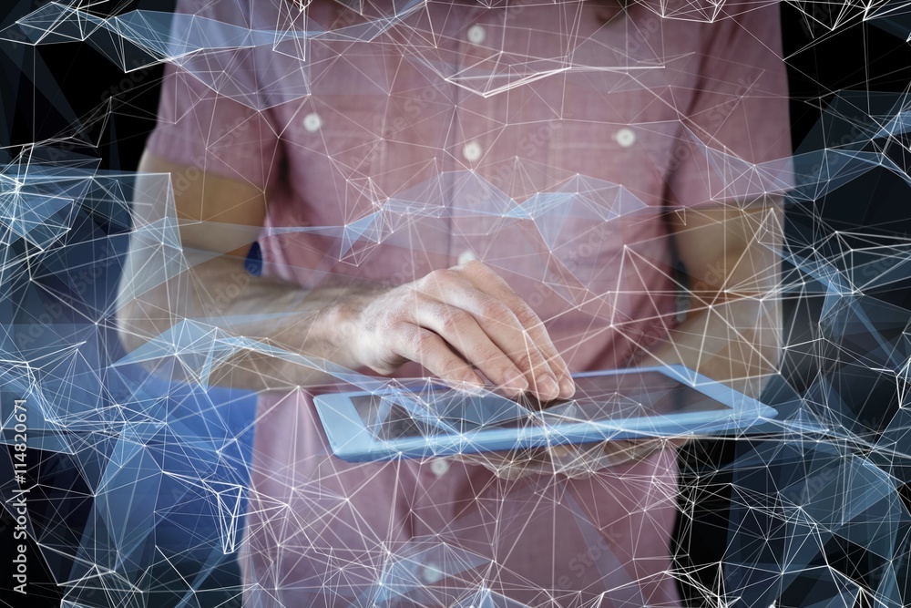 Poster composite image of mid section of hipster using digital tablet