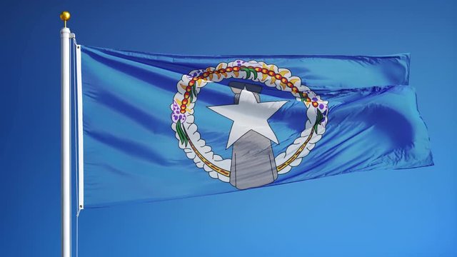 Northern Mariana Islands flag waving in slow motion against blue sky, seamlessly looped, close up, isolated on alpha channel with black and white matte, perfect for film, news, digital composition