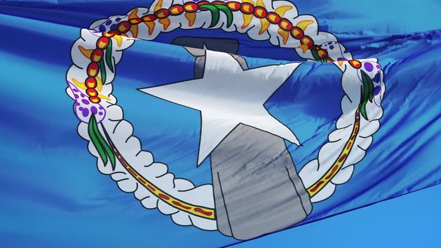 Northern Mariana Islands flag waving in slow motion against blue sky, seamlessly looped, close up, isolated on alpha channel with black and white matte, perfect for film, news, digital composition