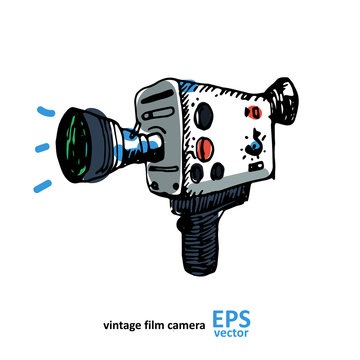 Vintage video camera drawing on a white background