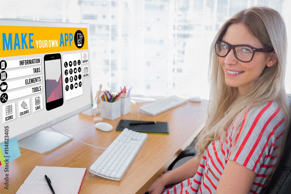 Poster composite image of attractive photo editor working on computer