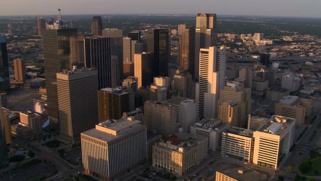 Late afternoon flight over downtown Dallas, Texas