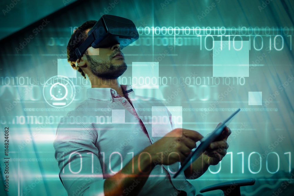 Poster composite image of blue technology design with binary code