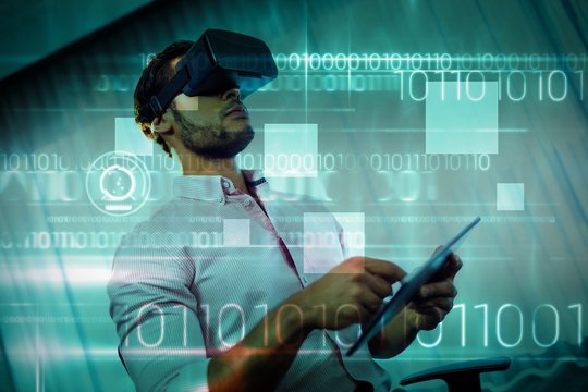 Composite image of blue technology design with binary code