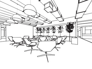 interior outline sketch drawing perspective of a space office