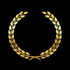Gold laurel wreath. Symbol of victory and achievement. Design element for decoration of medal, award, coat of arms or anniversary logo. Golden leaf silhouette on black background. Vector illustration.