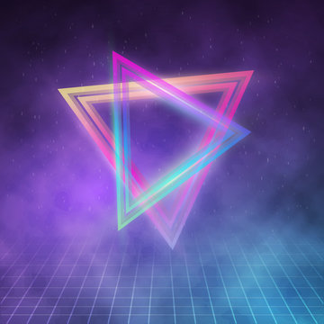 Illustration of Retro Party 1980 Neon Poster. Retro Disco 80s Background with Triangles, Flares, Partickles