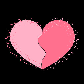 Halves heart icon. Two half puzzle. Broken shape sign, isolated on black background. Beautiful symbol of heartache, passion or Valentine day, romantic, love. Drawing brush, grunge. Vector illustration