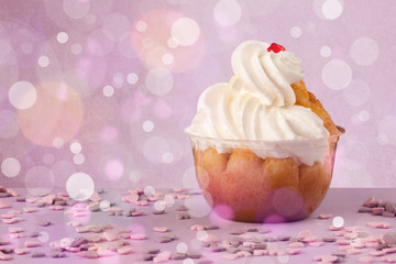 Delicious tasty homemade cakes with bokeh light background