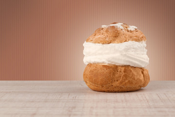 Delicious cake on colorful background with copyspace