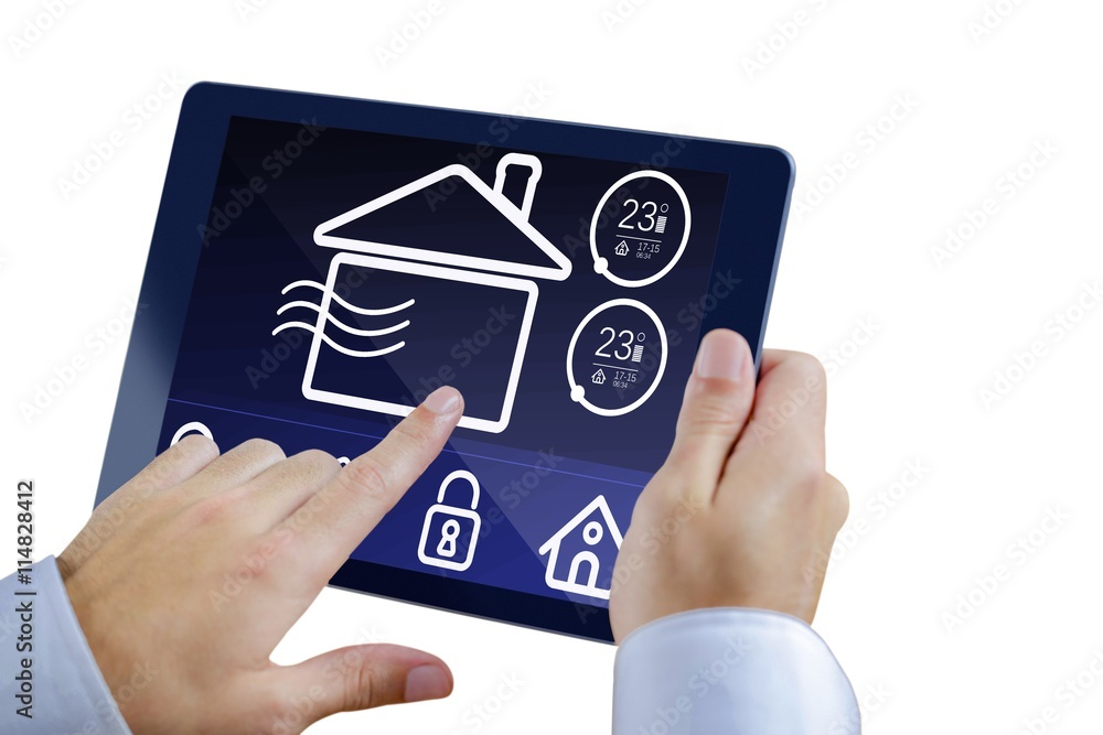 Poster composite image of man using tablet pc