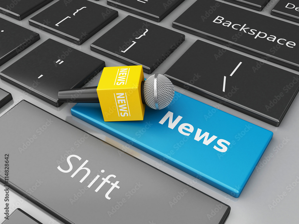 Poster 3d news microphone and computer keyboard with word news.